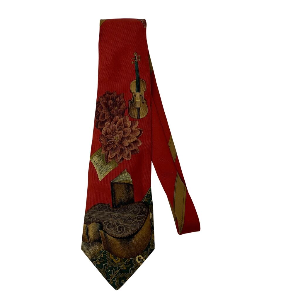 Leonard Paris Silk Tie Red Violin Mandolin Sheet Music Floral Novelty Made Italy